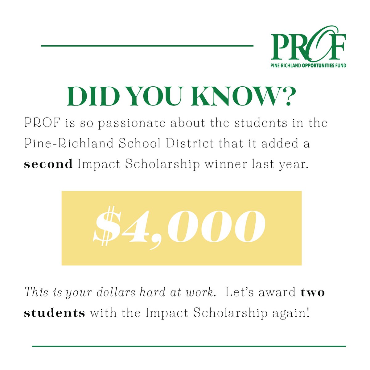 Did you know that there was such a demand for a needs based scholarship that PROF awarded a SECOND Impact Scholarship last year? 
Help us offer students the opportunity to succeed in life!
Join the Global Giving Tuesday movement!
givebigpittsburgh.com