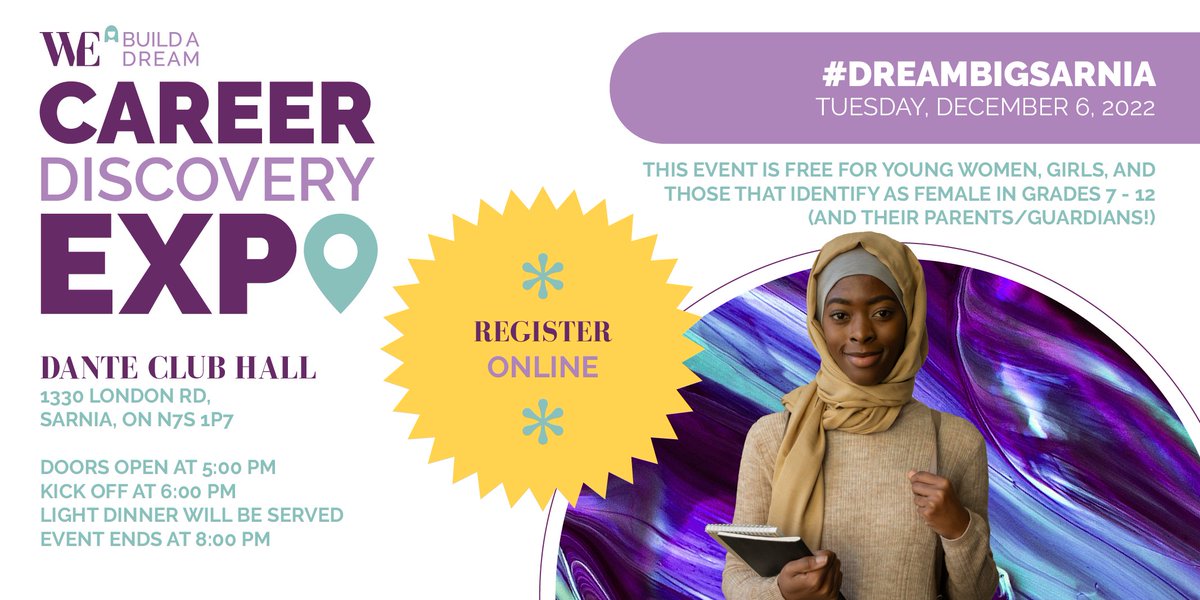 WeBuildADream's tweet photo. Get ready to #DreamBigSarnia with us! We’re heading to Sarnia for an educational, interactive, and inspirational Career Discovery Expo.

Register online now at https://t.co/FLnnwTjx3o.

See you there! 💜 https://t.co/djy63K0sCH