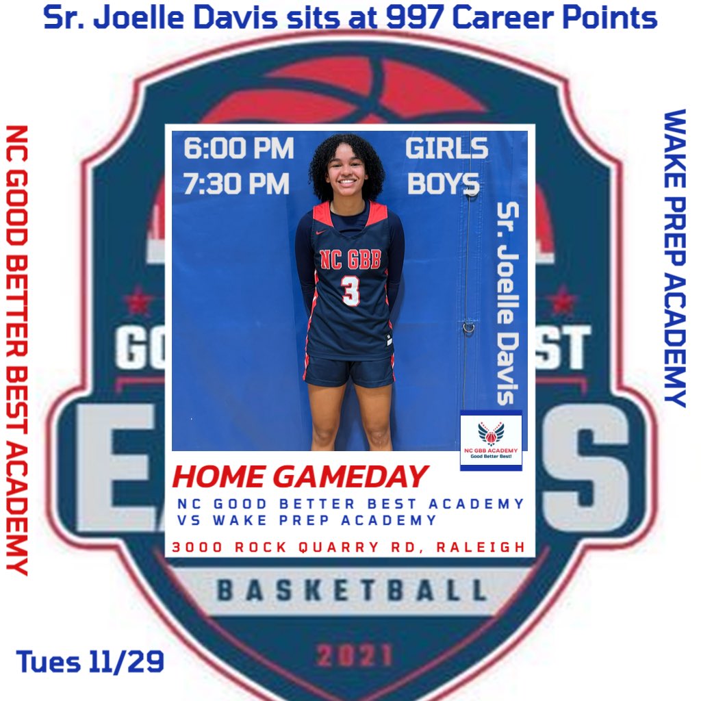 NCGBBA's tweet image. NC GBB Academy Sr. &amp;amp; Gardner Webb University Signee JOELLE DAVIS @_JoelleDavis is 3️⃣ points from 1️⃣0️⃣0️⃣0️⃣ career points &amp;amp; sits at 9️⃣9️⃣7️⃣ going into tonight’s doubleheader game with Varsity Boys vs. Wake Prep Academy‼️

Girls 6 pm Boys 7:30 pm

3000 Rock Quarry Rd, Raleigh