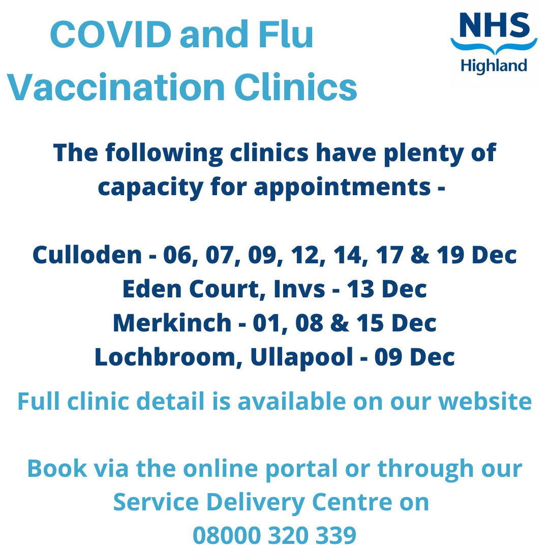 1/2

We still have plenty of capacity at our December clinics in Culloden, Eden Court (Inverness), Merkinch (Inverness) and Ullapool

Flu and COVID-19 can be serious, even if you are healthy