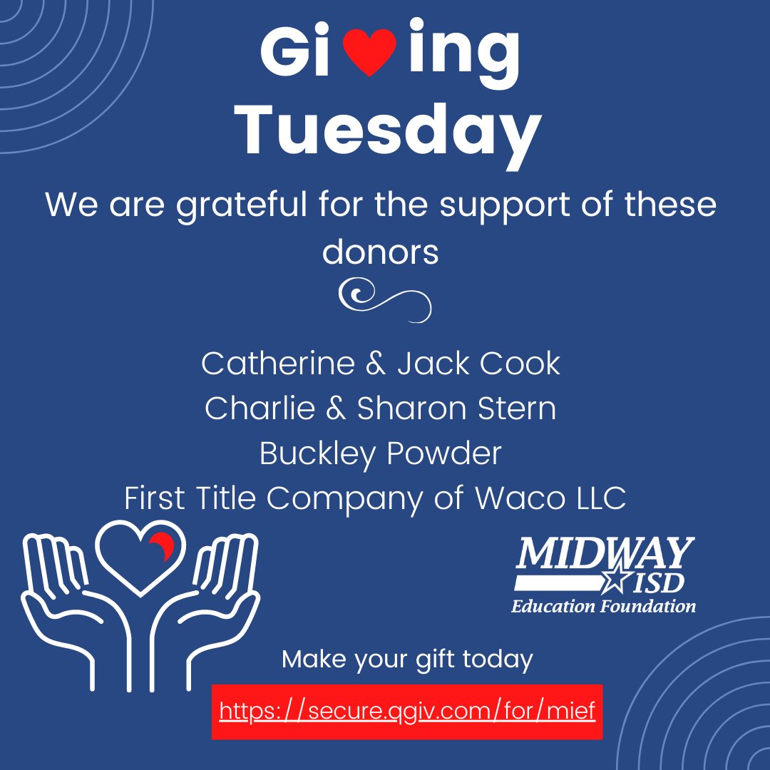 Midway Foundation (@misdfoundation) on Twitter photo We are so grateful for the support of these donors, and we'd love to list your name, too! Email your pledge to foundation@midwayisd.org or make your gift at secure.qgiv.com/for/mief. We are so grateful for the support of these donors, and we'd love to list your name, too! Email your pledge to foundation@midwayisd.org or make your gift at secure.qgiv.com/for/mief.