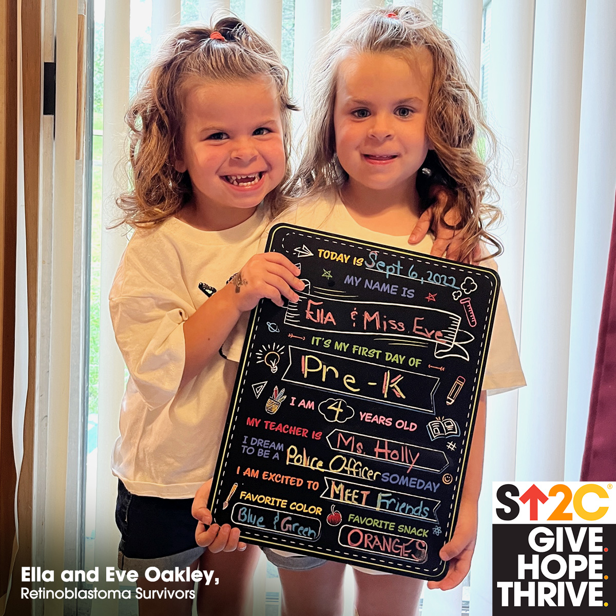 Ella and Eve Oakley are four-year old twin sisters who as infants were diagnosed with #retinoblastoma, a rare eye cancer. Their mother Maryann, herself a cancer survivor, quit her job to become their caregiver. ❤️ #StandUpToCancer