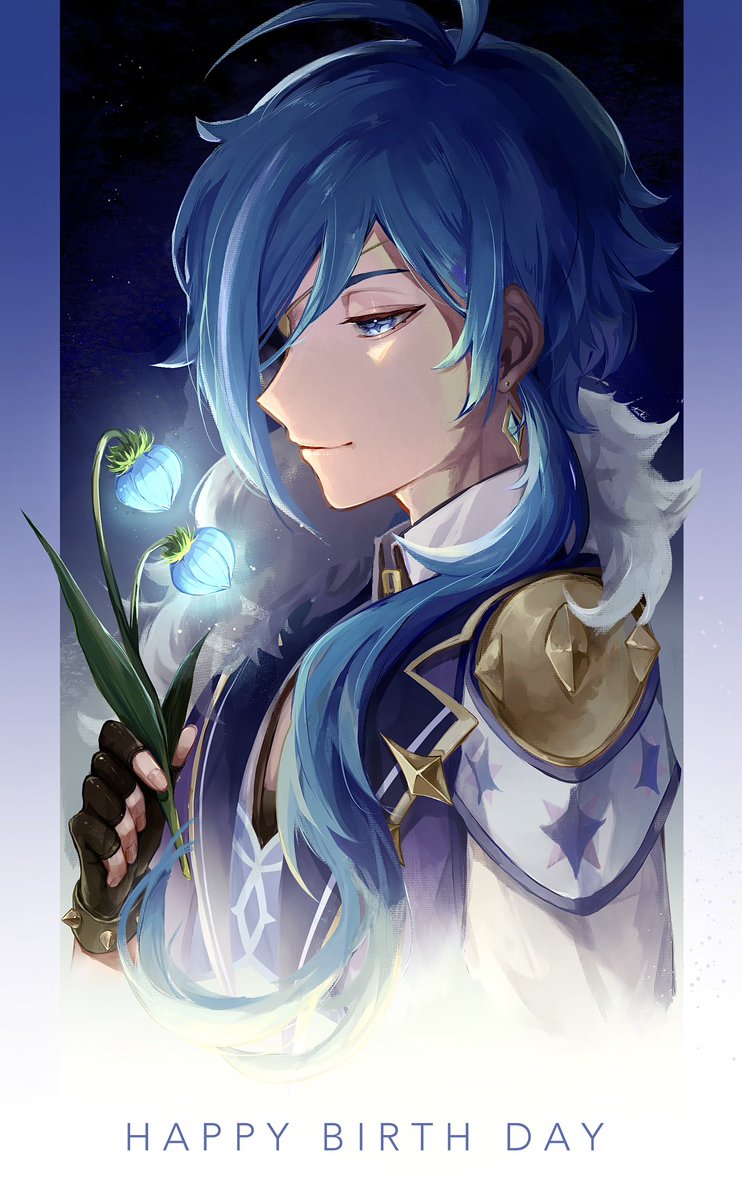 kaeya (genshin impact) 1boy male focus gloves blue hair flower blue eyes solo  illustration images