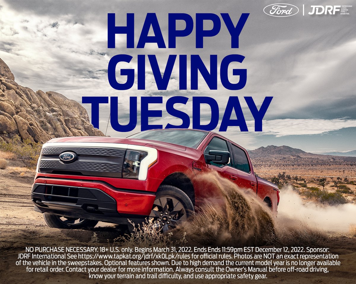 Giving Tuesday is here! We’re committed to working with JDRF to find a cure for type 1 diabetes. A donation to JDRF enters you in a sweepstakes to win a new Ford F-150® Lightning™ truck. ⚡️💪 ford.to/3TU63Gg ️#GivingTuesday #ForwardAs1