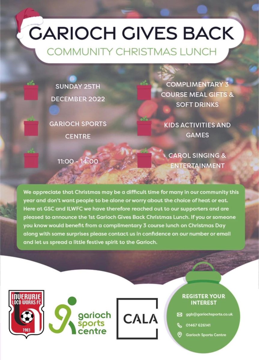 ABNorthFoodBank's tweet photo. Are you looking for a welcoming place to spend Christmas day? 

The Garioch Sports Centre is hosting a free community lunch for anyone who needs somewhere to go this Christmas. Call or email to reserve your place. Please share! https://t.co/GwXoXST6xK