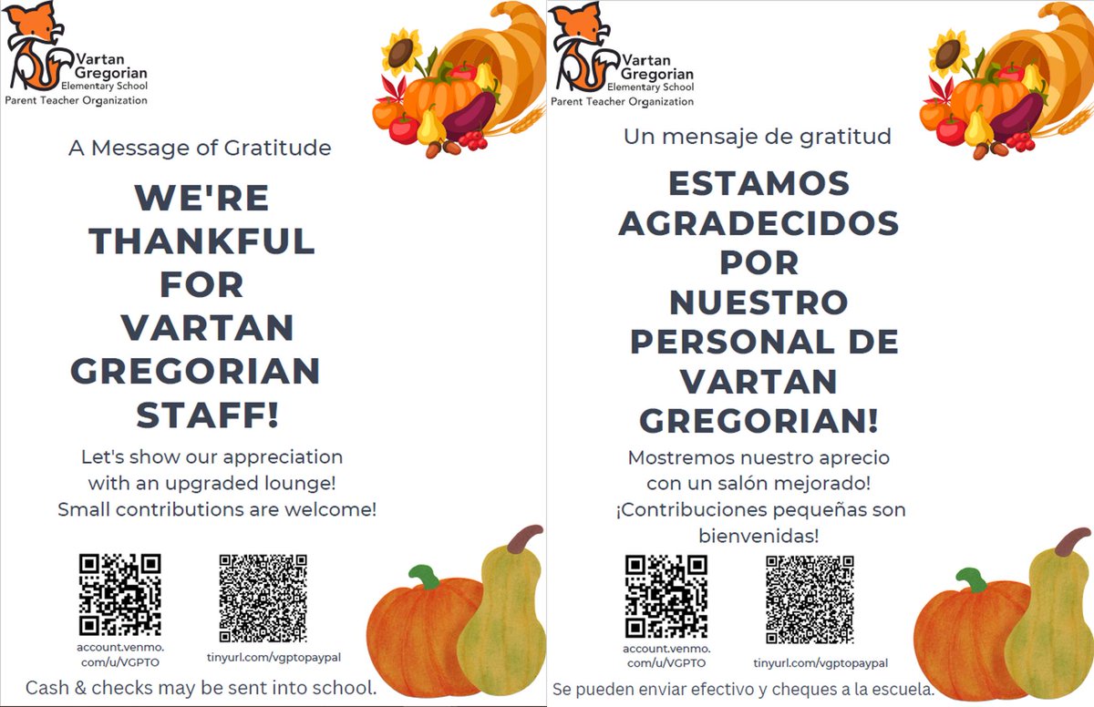 Vartan Gregorian PTO (@vgpto) on Twitter photo Giving Tuesday (November 29) is today! With so many options, we hope you remember our favorite elementary school and the staff that makes it so special! <a href="/matthew_russo75/">Matthew Russo</a> <a href="/SamuelCrooks12/">Samuel Crooks</a> <a href="/VGregorianES/">Vartan Gregorian ES</a>
account.venmo.com/u/vgpto
tinyurl.com/vgptopaypal Giving Tuesday (November 29) is today! With so many options, we hope you remember our favorite elementary school and the staff that makes it so special! <a href="/matthew_russo75/">Matthew Russo</a> <a href="/SamuelCrooks12/">Samuel Crooks</a> <a href="/VGregorianES/">Vartan Gregorian ES</a>
account.venmo.com/u/vgpto
tinyurl.com/vgptopaypal