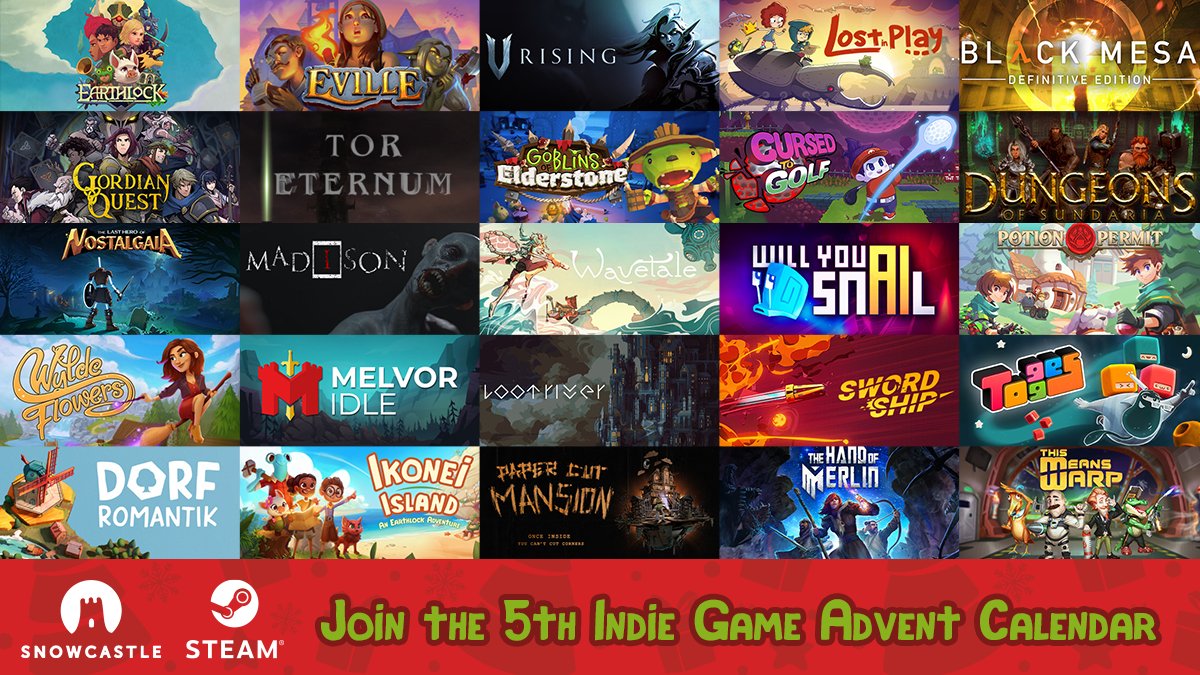 snowcastlegames's tweet photo. It's that time of the year again! 🎄 

Welcome our 5th Annual Indie Game Advert Calendar, and the exciting list of #IndieGames we have to #giveaway! 

Retweet each day and tag a friend for more chances to win FREE Steam keys ✨ 
Enter here: https://t.co/BecgAmdHjD https://t.co/Ha96PM7Hce