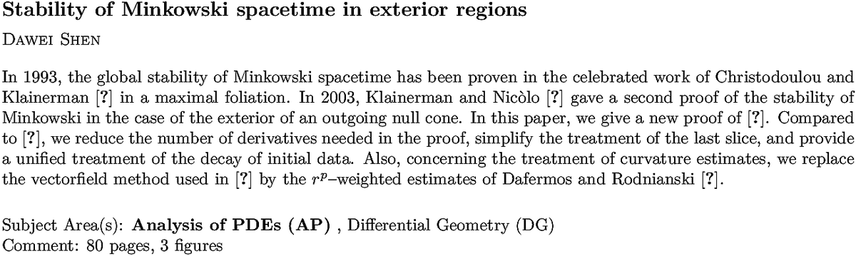 arxiv.org/abs/2211.15230…
D Shen
Stability of Minkowski spacetime in exterior regions