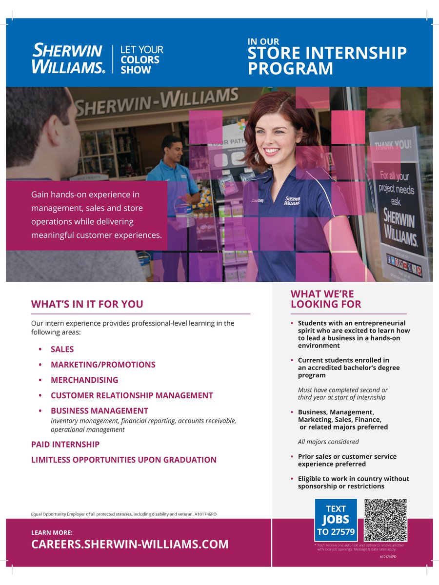 PSBCareer's tweet photo. Check out these new opportunities from Sherwin Williams! They are offering a Management Sales Training Program and a Store Internship Program. Learn more at https://t.co/tZ12SBi1Aw or text JOBS to 27579 https://t.co/9AFprg1oGp