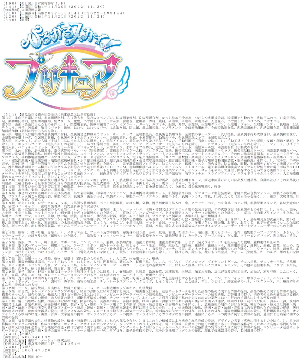 商標登録情報からプリキュアの新作「ひろがるスカイ! プリキュア」が発表‼