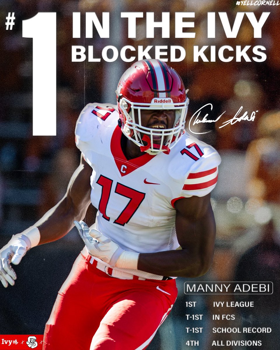#️⃣1️⃣ in the @IvyLeague ‼️ Manny Adebi's four blocked kicks led the Ivy League, tied a school record, tied for first among all FCS players and ranked fourth among college football players at all divisions. #YellCornell