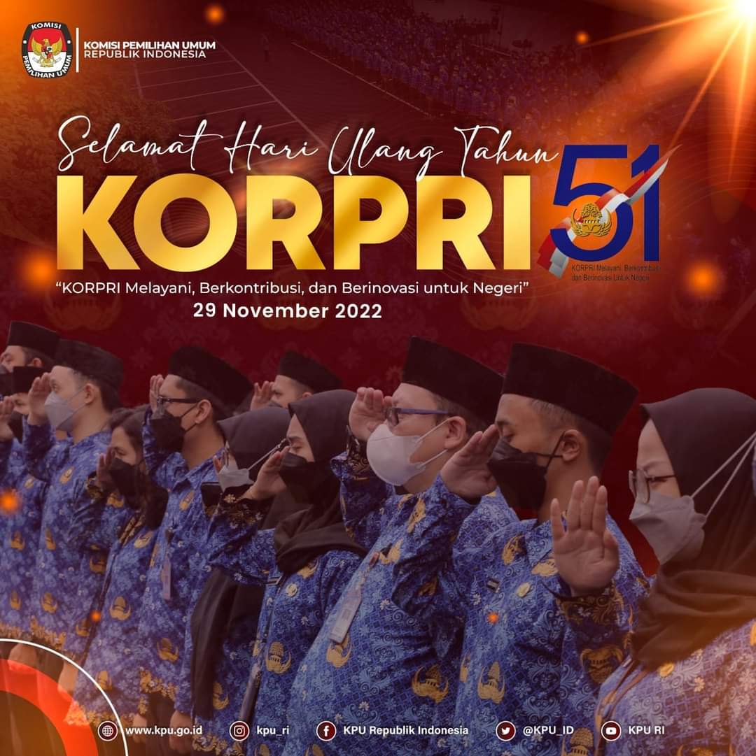 kpukebumen's tweet photo. #repostedfrom @KPU_ID
#TemanPemilih, segenap jajaran KPU mengucapkan Selamat Hari Ulang Tahun ke -51Korps Pegawai Republik Indonesia (KORPRI). https://t.co/HSFLc6YzK4
