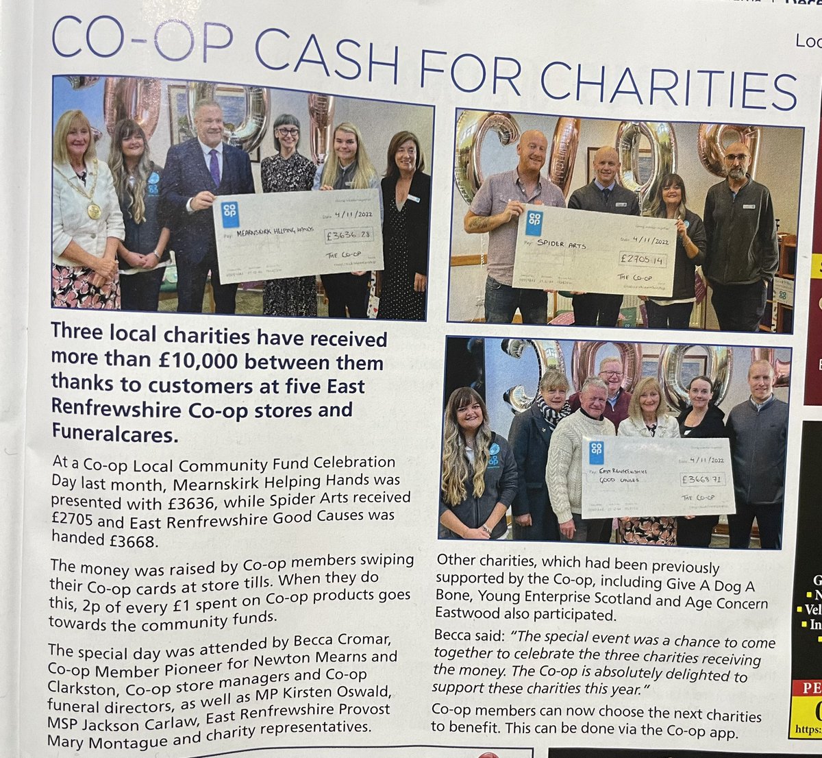 BeccaCromarMP's tweet photo. Great to see the Co-op Celebration Day being featured in an article in the Community Magazine for Newton Mearns and Clarkston! 😍 don’t forget to choose your new cause on the Co-op app! 💙 #itswhatwedo @coopuk @fionaherriot @Poody1976 @StuartLaidlaw3 @Abby_Morrison7 @Tom_MPM https://t.co/ZUlq9sguxP