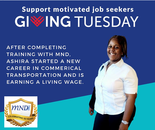 MNDBaltimore's tweet photo. Consider donating $50 - one for each year that MND has been helping motivated job seekers like Ashira change their lives through living wage employment! #GivingTuesday
To give back visit https://t.co/dGddJcL0gi https://t.co/lRMsWdA4tr