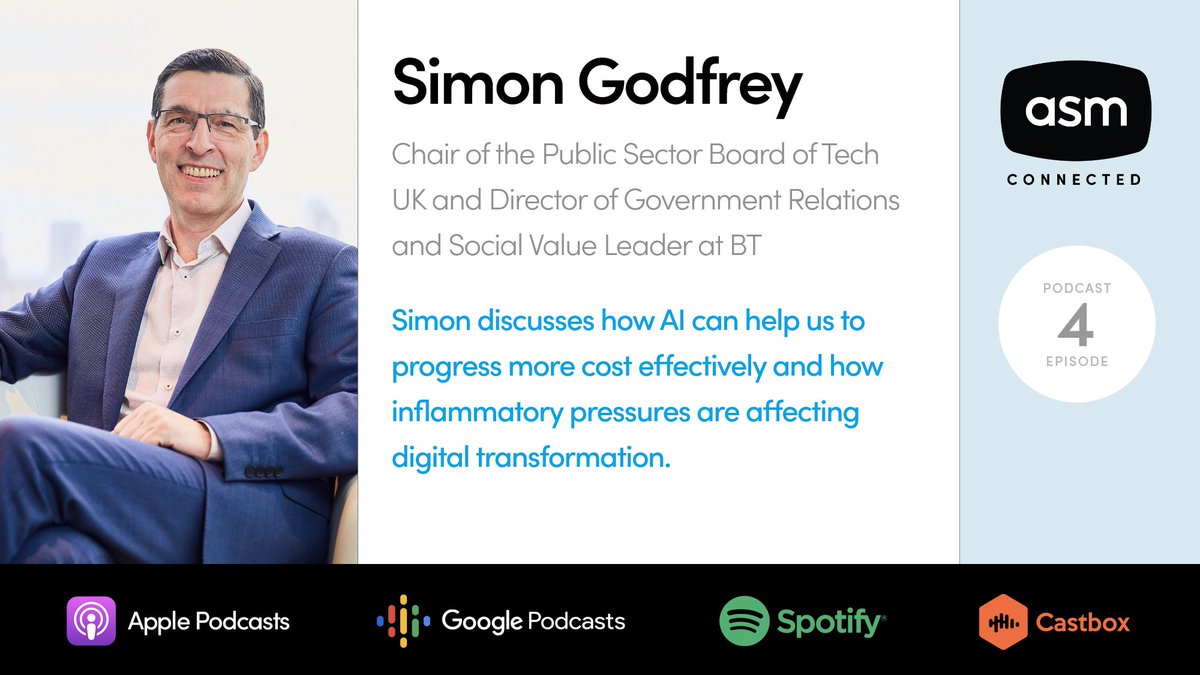 ASMTechnologies's tweet image. The latest episode of #ASMConnected with Simon Godfrey, Chair of the Public Sector Board of @techUK is live. He shares insights about how #AI can help us to progress more cost effectively &amp;amp; how inflammatory pressures are affecting #digitaltransformation s.asmtech.com/simon-godfrey