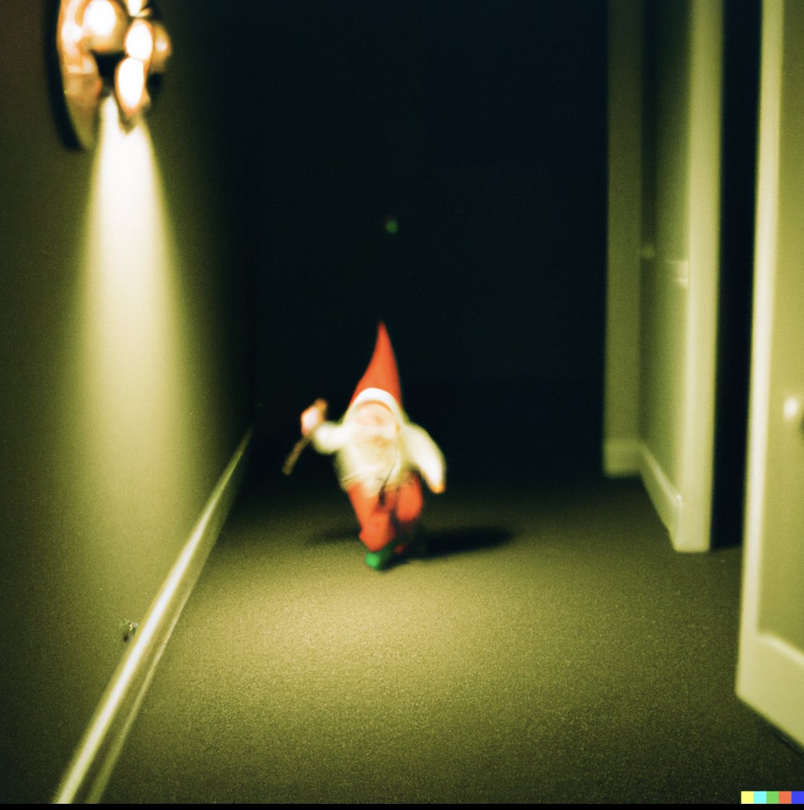 Photo of a gnome with a knife running in a hallway