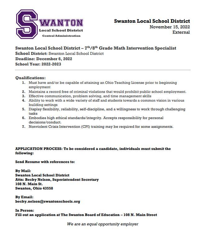 Swanton Local School (@swantonschools) on Twitter photo Now Hiring: 7th/8th Grade Math Intervention Specialist psqr.io/J7-5sUgAOY via <a href="/ParentSquare/">ParentSquare</a> Now Hiring: 7th/8th Grade Math Intervention Specialist psqr.io/J7-5sUgAOY via <a href="/ParentSquare/">ParentSquare</a>