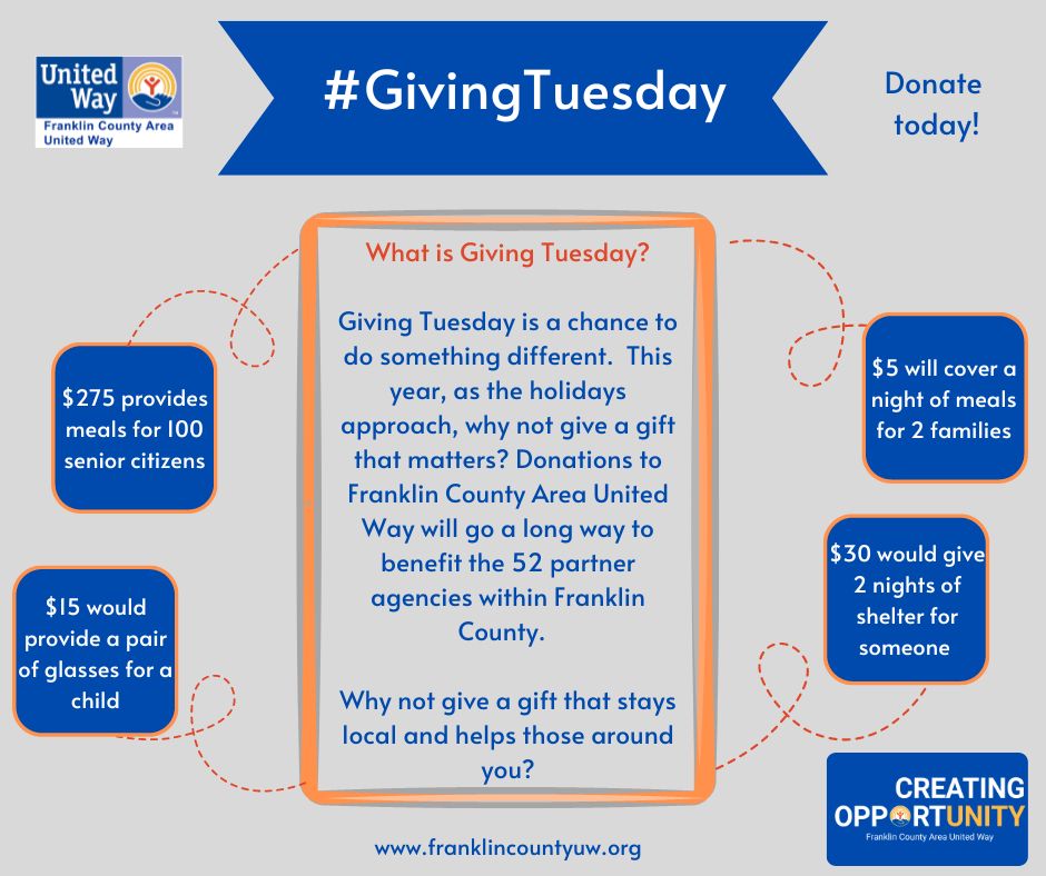 FCAUW's tweet photo. You've heard of Black Friday and Cyber Monday, but did you know today is Giving Tuesday?! 

How can you help?
https://t.co/UD7lnDJ0DJ

#givingtuesday2022 #CreatingOpportunities #ImprovingLives #supportlocal #donate #unitedway #community https://t.co/VvJqrDQloG