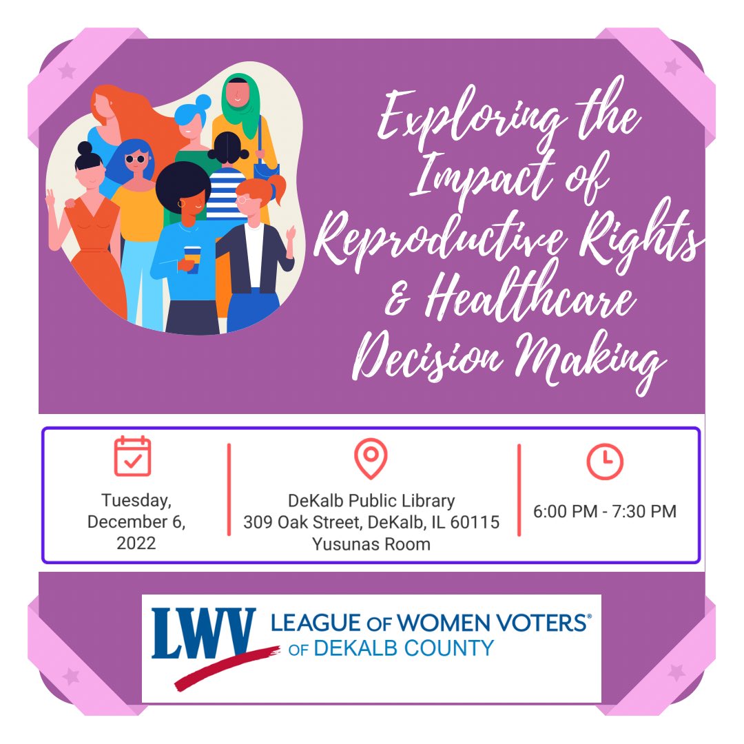 Women/humans are complicated. It isn't simply 'pro-life' or 'pro-choice.' We are all 'pro-living' with dignity. 
Join us to learn more about reproductive choices and their consequences next Tuesday, 12/06, at the DeKalb Public Library at 6 pm. 
#tuesday #RoeVWade #dekalblife