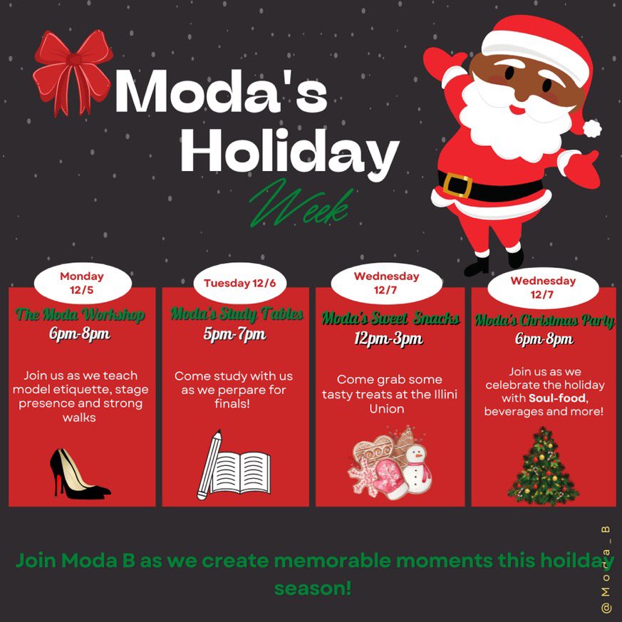 MODA_B's tweet photo. It’s the holiday season and Moda would love to celebrate with you 
🎅🏾🎄🖤!!

Join us for our first MODA Holiday Week as we create memorable moments this season. We will kick off our week with a fun workshop👠. We hope to see you all there❤️ https://t.co/haoYg7o3eN