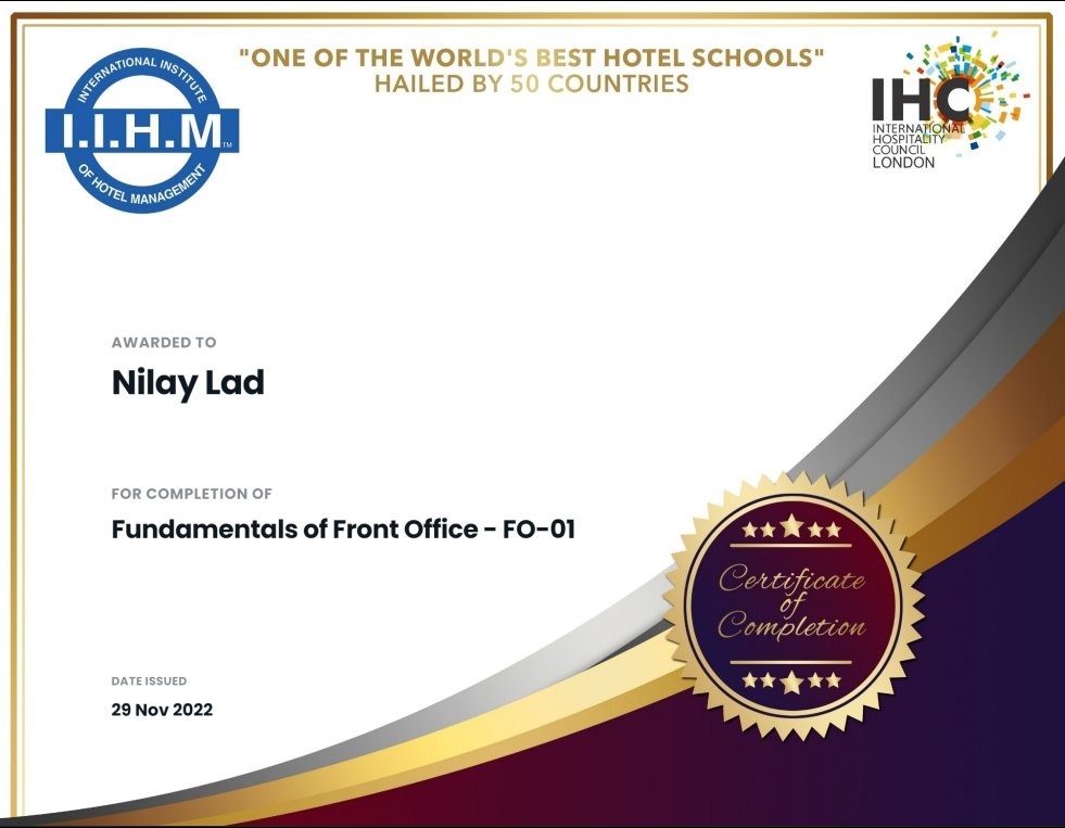 NilayLad5's tweet photo. I've received many learnings from this course about the Fundamentals of Front Office.
#learnings #learningneverstops #learningsatiihm #iihm #iihmbest3years #iihmhotelschools #iihmahmedabad #iihmness #iihmcares #iihmhomeonlinetest #ehotelier #besthotelschools #IHC #completion https://t.co/uoh01TqRsz