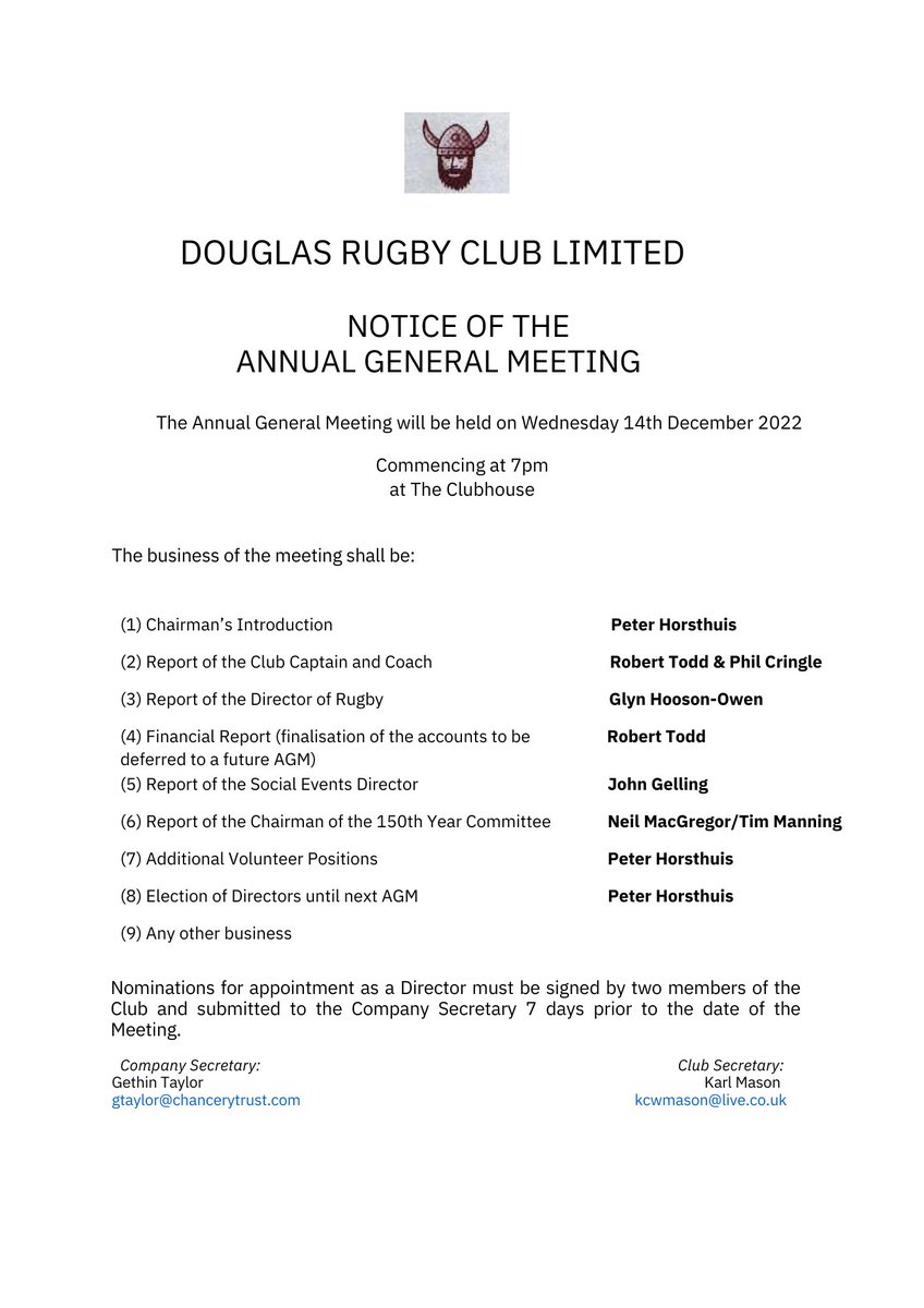 NOTICE OF THE AGM. 
The AGM will be on Wednesday 14th December, 7pm @ The CLubhouse. 
The bar will be open and food will be available 
All club members welcome.