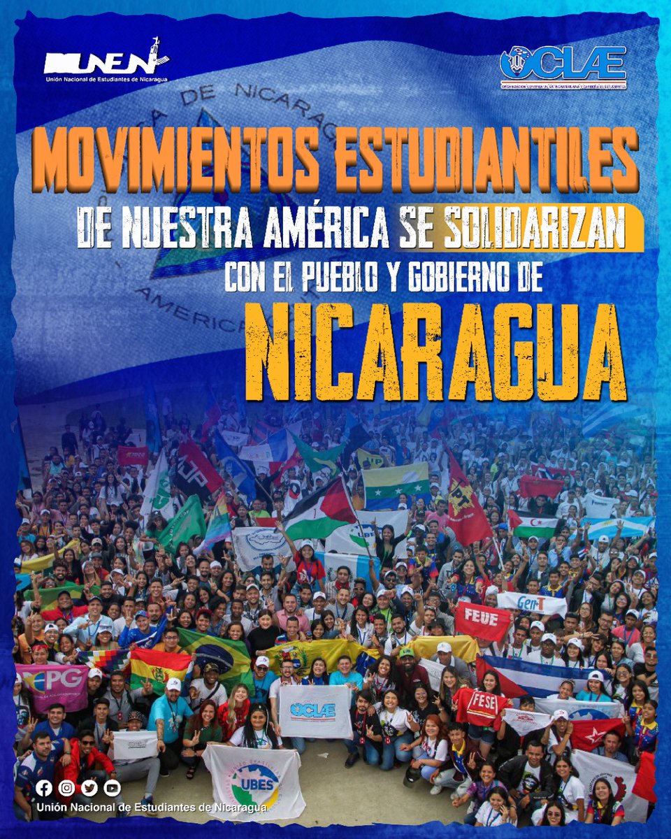 UNEN_Nacional's tweet photo. #𝑺𝒐𝒎𝒐𝒔𝑼𝑵𝑬𝑵 ✊ | Durante la clausura del #19CLAE 🇻🇪, los movimientos estudiantiles de América Latina 🌎 se solidarizaron con el Pueblo y Gobierno de Nicaragua. ❤️🖤
✅ Aquí puedes leer la declaración completa. https://t.co/pwz682FU9N...
@OclaeO1 https://t.co/KOGmXkRi6x