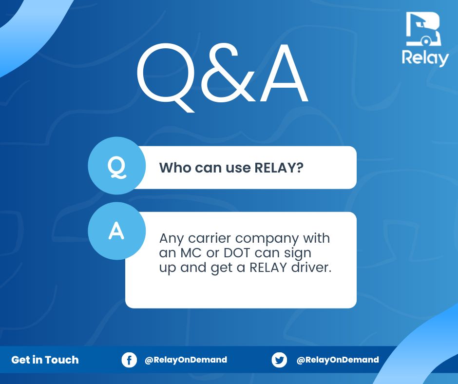 RelayOnDemand's tweet photo. FAQ💬
Who can use RELAY?
Any carrier company with an MC or DOT can sign up and get a RELAY
driver.

Have any more questions? Visit our website⬇
🌐https://t.co/El8JK00vcr

#relayondemand #truckingcompany #trucking #truckdriver
#truckingindustry #safedrivers https://t.co/6FZe5V8tYe