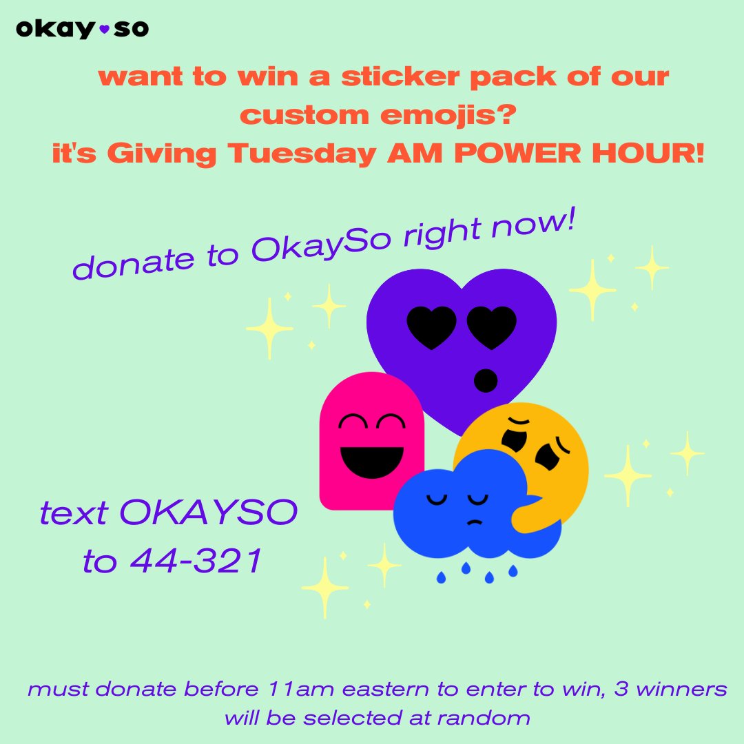 heyokayso's tweet photo. Text OKAYSO to 44-321 with a donation in the next hour to qualify to win a free set of our custom emoji stickers!!!
#GivingTuesday #GiveBack #Support https://t.co/LjyxNyggOV