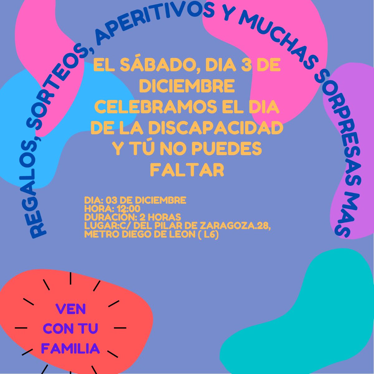ceesur_es's tweet photo. El 3 de diciembre es el Día de las Personas con #Discapacidad:

👉 promover derechos y bienestar del colectivo.

👉 concienciar a la sociedad sobre su situación.

Lo celebraremos el sábado con nuestro equipo y sus familias. 🎉 🥳

#SomosEspeciales https://t.co/BicQBQHYEw