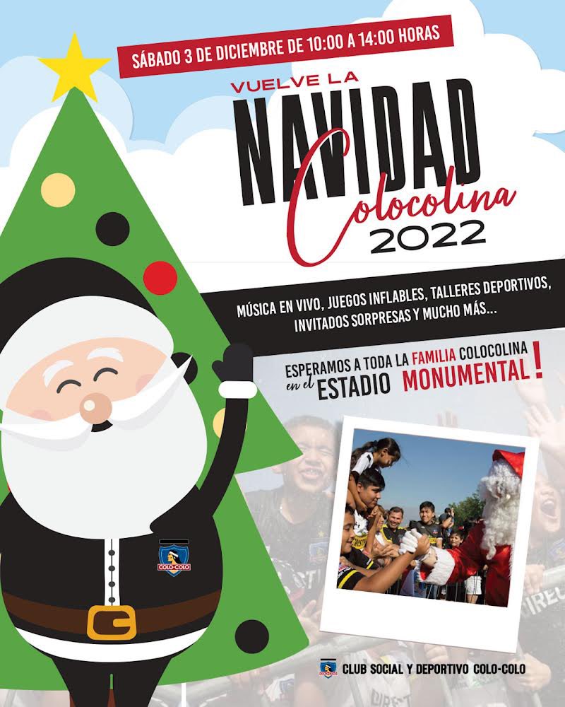 CSDColoColo's tweet photo. ¡Recuerda que este sábado 3 de diciembre vuelve una tradición del pueblo colocolino! 🎄🎅🏼

No te pierdas la #NavidadColocolina en el Estadio Monumental, una actividad GRATUITA y abierta para todo público 🤟🏽🏁

Te esperamos para que festejemos en familia 🙌🏽 https://t.co/EMdJAfnqTB