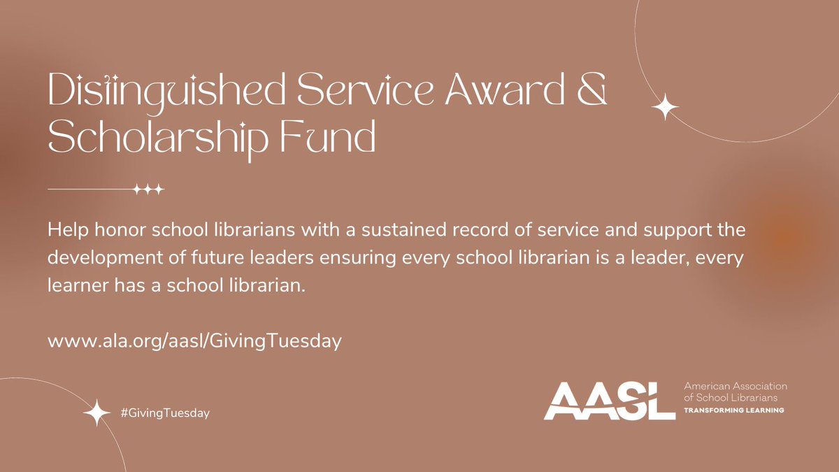 aasl's tweet image. On this #GivingTuesday, honor the past and build the future with a one-time donation to the AASL’s Distinguished Service Award & Scholarship Fund. ala.org/aasl/GivingTue…