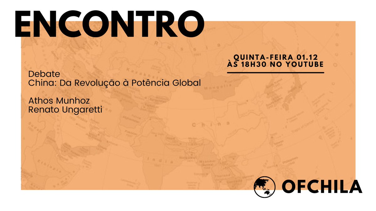 📢 Nesta quinta (01), às 18h30, a <a href="/_ofchila/">OfChiLA</a> promove o evento “China: Da Revolução à Potência Global”🇨🇳

💡 O encontro contará com a participação dos pesquisadores <a href="/AthosMunhozMS/">Athos Munhoz 🇧🇷</a> e <a href="/renatoungaretti/">Renato Ungaretti</a>
 
🔗 A transmissão será em nosso canal do YouTube: bit.ly/3XU8dYX