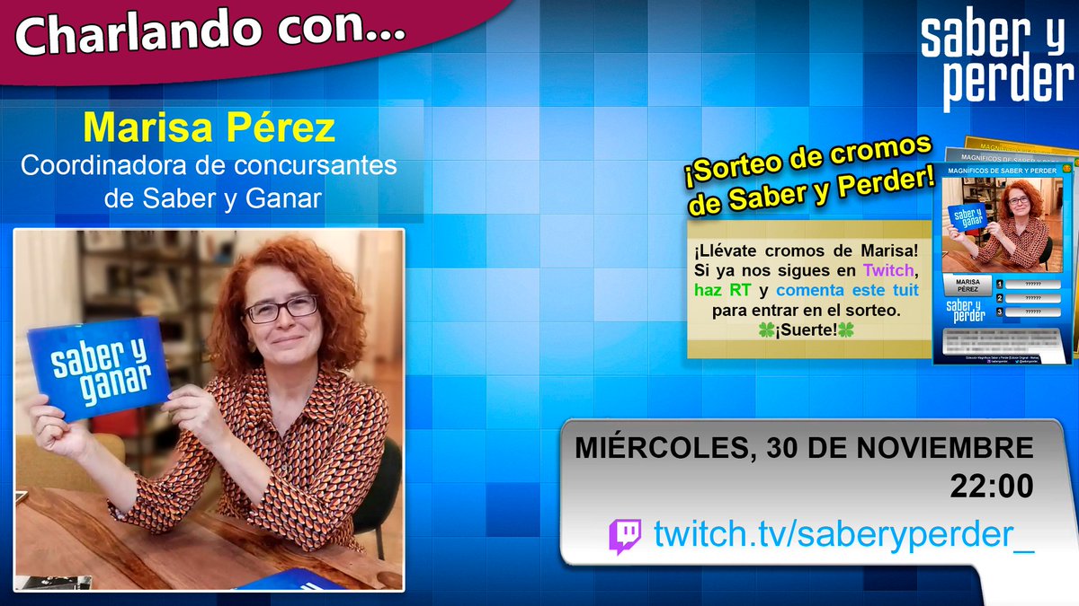 ⚠️¡Alguien MUY IMPORTANTE de #SaberYGanar viene a Twitch!
🗓️Miércoles 30 a las 22:00
🔗twitch.tv/saberyperder
Ven a charlar con Marisa, la persona que se encarga de elegir a los concursantes de Saber y Ganar.
🏆Comenta este tuit y haz RT para llevarte su cromo. ¡Te esperamos!