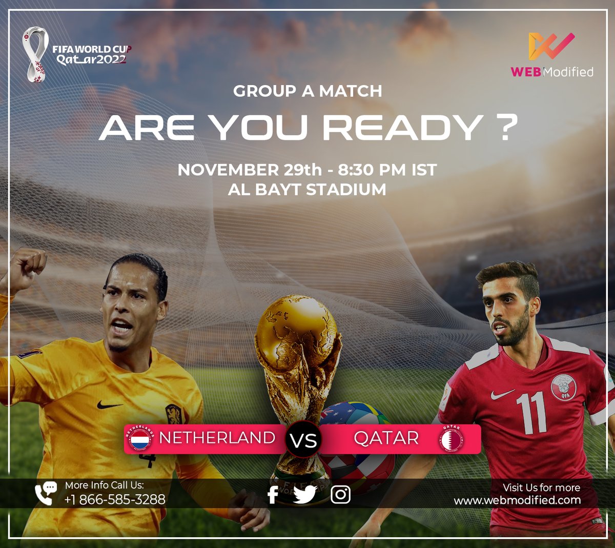 WebModified's tweet image. What will the final score of today's game be? 
Tell us in the comment section
.
E-mail: support@webmodified.com
.
Website: webmodified.com
.
Contacts: +1 866-585-3288
.
Linkedin: linkedin.com/company/webmod…
 #webmodified #FIFAWorldCupQatar2022 
#FifavsNetherland #FIFAWorldCup