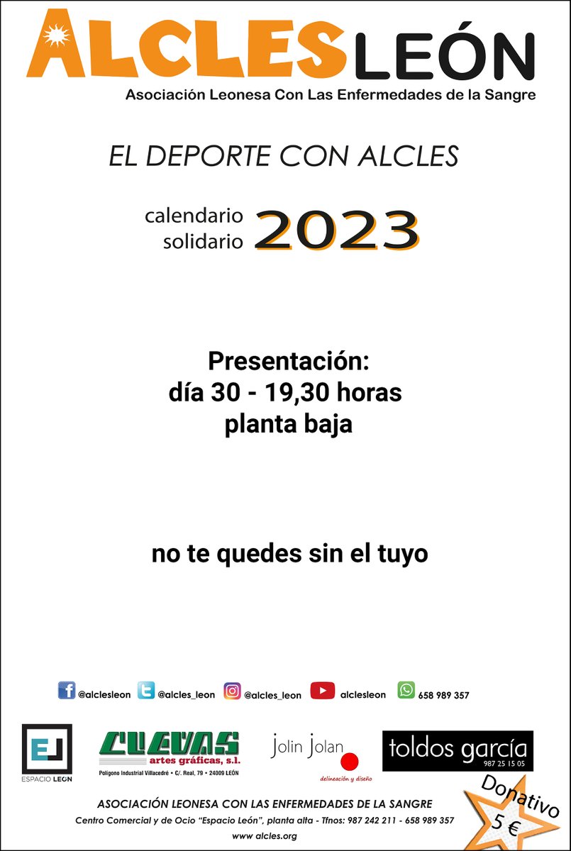 AlclesL's tweet photo. 🗓️Finalizamos noviembre con la presentación de nuestro tradicional #calendariosolidario2023 #ElDeporteConALCLES 
👉Recuerda, mañana a las 19.30h en la planta baja de @EspacioLeon 
No te quedes sin el tuyo❗
#donameduladonavida
#graciasatiyovivo https://t.co/2kAPD8kxKq
