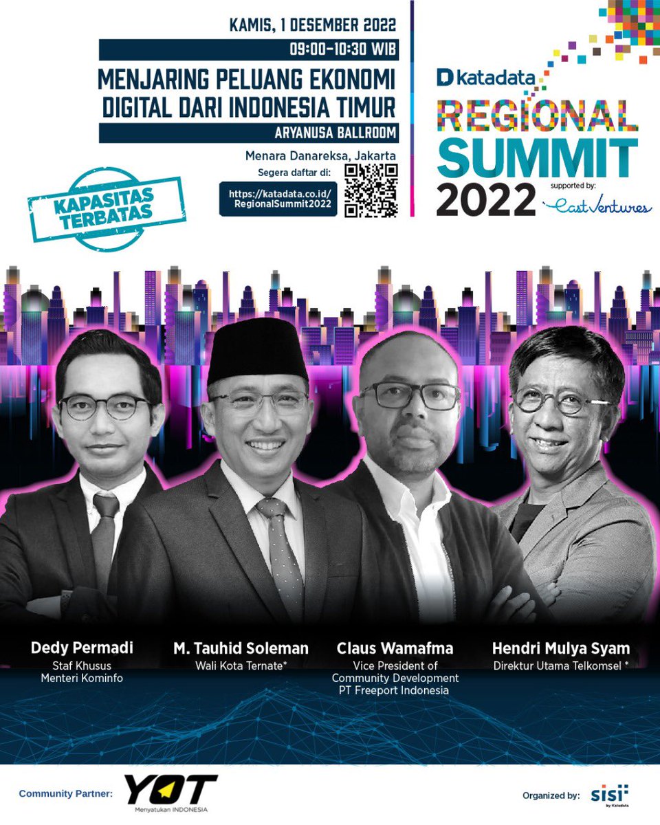 YoungOnTop's tweet photo. "Transformasi Digital Untuk Pembangunan Daerah Berkelanjutan"
Kamis, 1 Desember 2022
19:00 - 21:00 WIB
Acara akan diadakan Offline dan Online.
Daftar sekarang, untuk Offline kapasitas terbatas.
Link pendaftaran:
https://t.co/YewaIdTYjf
#RegionalSummit2022 #KatadataEvent https://t.co/gwbLu5Tru0