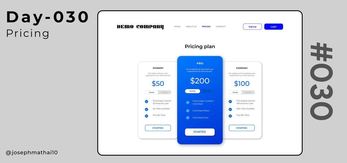 josephMathai_10's tweet photo. UI Design Challenge - Daily Log
Day 30: November 29, 2022
Today's Task: Pricing
Task Description: It is a specific landing page that lists different pricing plans available for your products and services.
#uidesign #50daysofui #dailyuichallenge #design #designchallenge https://t.co/mKL7cUNZio