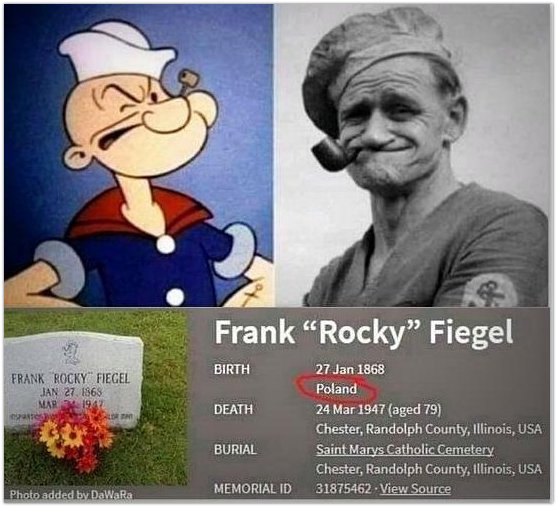 lata8290's tweet photo. Czy wiecie, że.. Rysownik E.C.Segar stworzył postać Popeya na podstawie prawdziwego marynarza zwanego Frank ,,Rocky" Fiegel, który urodził się w....Polsce?🇵🇱😎💪 Rocky palił fajki, wdawał się w bójki i był niewiarygodnie silny. Na grobie Franka wyrzeźbiono Popeye`a. https://t.co/cxRFOcH6qN