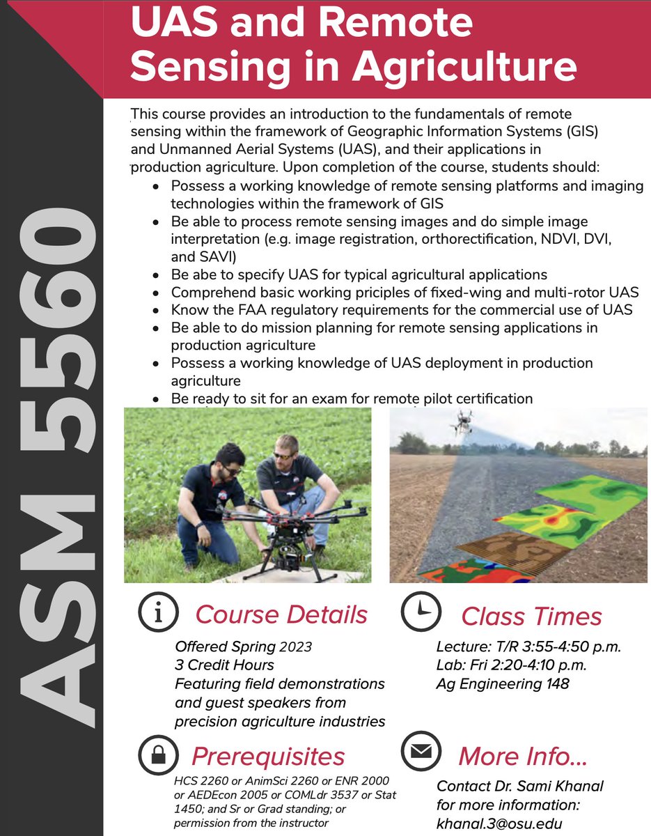 ATTENTION STUDENTS: Dr. Sami Khanal is offering a course on #UAS and Remote Sensing in #Ag in Spring 2023. It will introduce how GIS and UAS play a vital role in production #ag. The course will prepare you to sit for the remote pilot certification exam! #drone #agtech