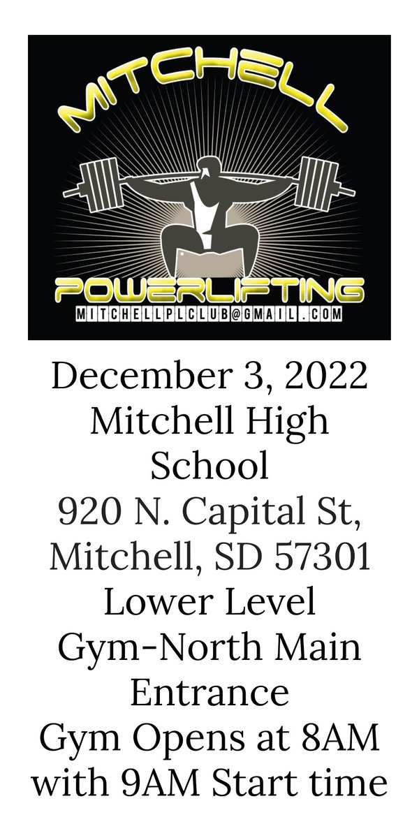 Our first meet of the season is this Saturday and starts at 9a CST! We'll have lifters from Mitchell, Huron, Hanson HS, S.F. Washington, Dupree and Leola-Frederick on the platform. Swing by and cheer on the kids! <a href="/MDR_Sports/">Mitchell Republic Sports</a> #Powerlifting