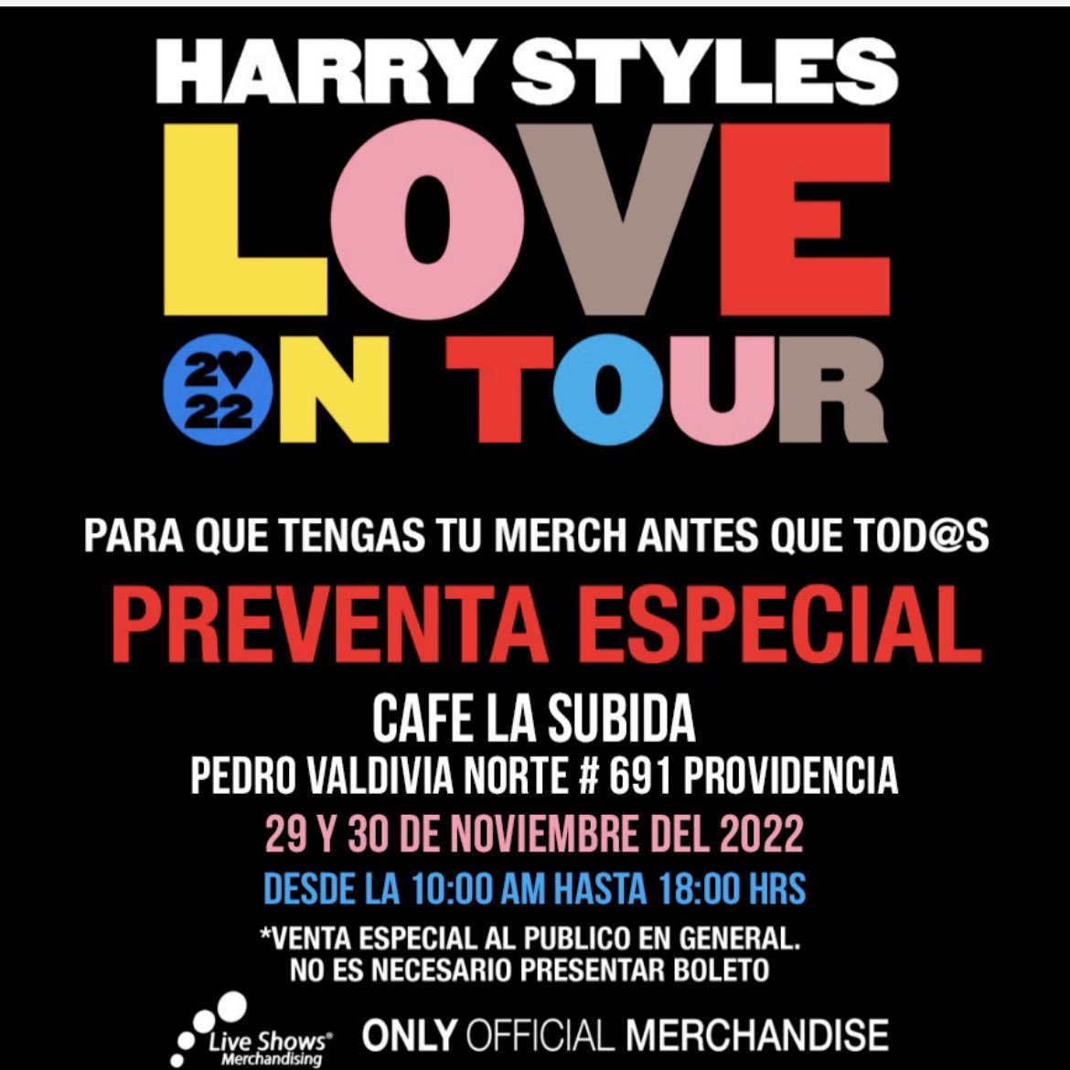 Love On Tour. Shop Merch.
Tuesday, 29th November and Wednesday, 30th November at Cafe La Subida.