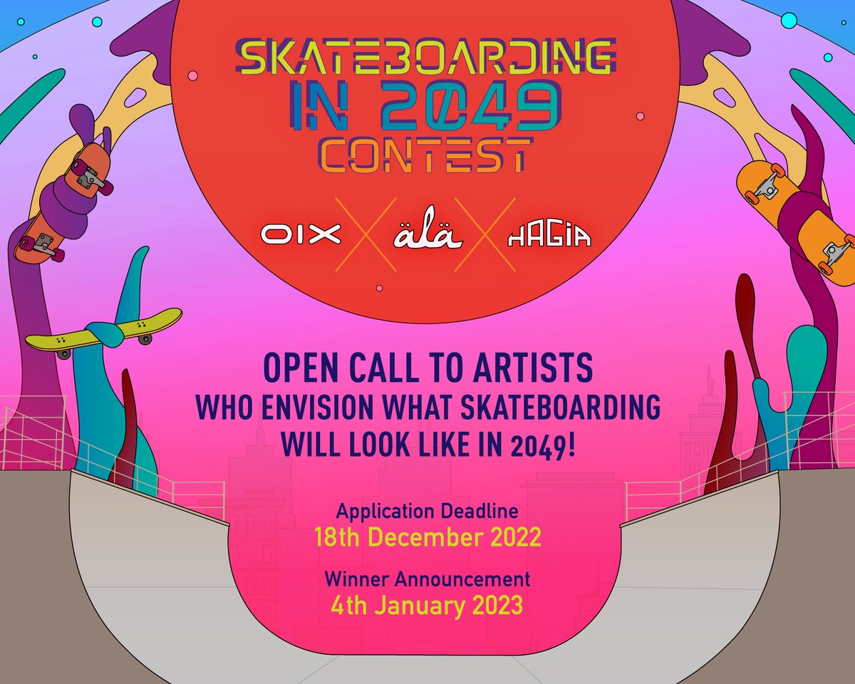 📢Beyond excited to announce our first 
Artist Open Call! 📢

The open call invites all artists to envision the theme of “Skateboarding in 2049.” 🛹

We are selecting 15 artists whose works will be showcased on @oixofficial with support and love <a href="/HagiaProject/">Hagia Labs</a>💖

Apply👇