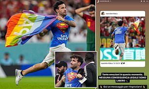 'I am free!'

The spectator who stormed onto the pitch during the Portugal vs Uruguay match waving an LGBT flag and wearing a Superman t-shirt demanding 'Respect for Iranian women' will NOT face legal action.

#Qatar2022 #seanknows