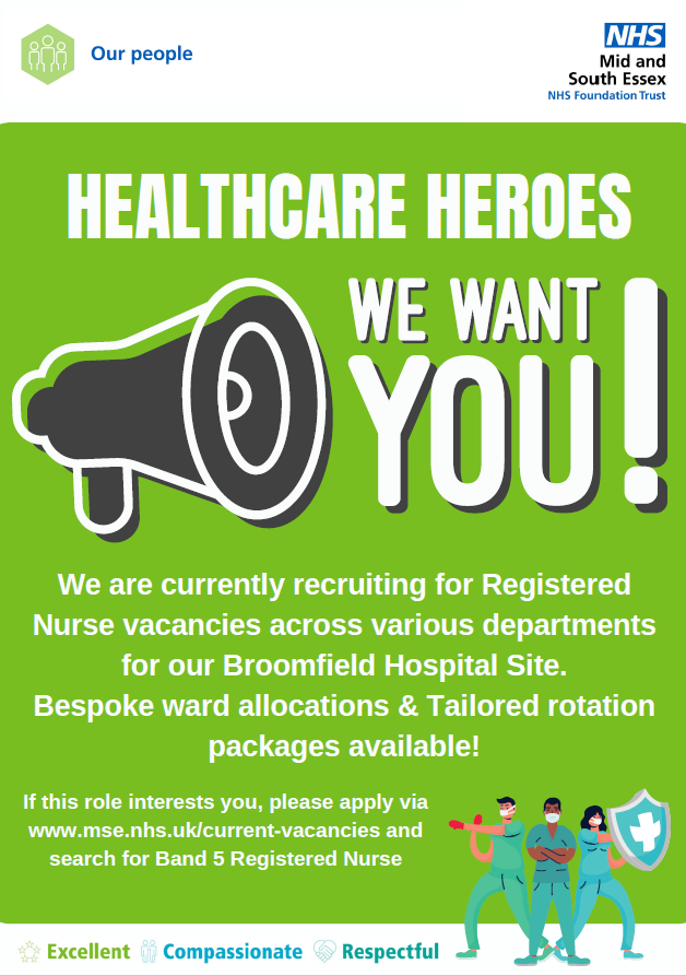 JoinMSEHospital's tweet photo. Are you a registered nurse looking for an exciting new challenge? 

We are looking for hardworking, caring and compassionate individuals to join our various nursing departments across our Broomfield Hospital site.

Please apply today!  (https://t.co/p39OZt1fmV)

#NHSJobs https://t.co/G6EDSgu46U
