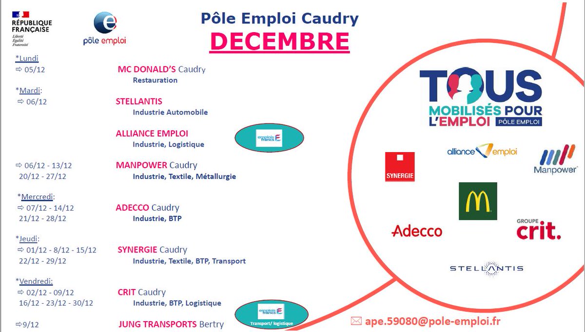 Les évènements "recrutements" du mois de Décembre sont par ici 🎯👇
#TousMobilisés #OnEstLàPourVous 
<a href="/JasniakSandrine/">Sandrine MASSON (JASNIAK)</a> @AbdelkaderMedj7 <a href="/CetaniAurelie/">CETANI AURELIE</a>
<a href="/SeillierMarie1/">Seillier Marie</a>