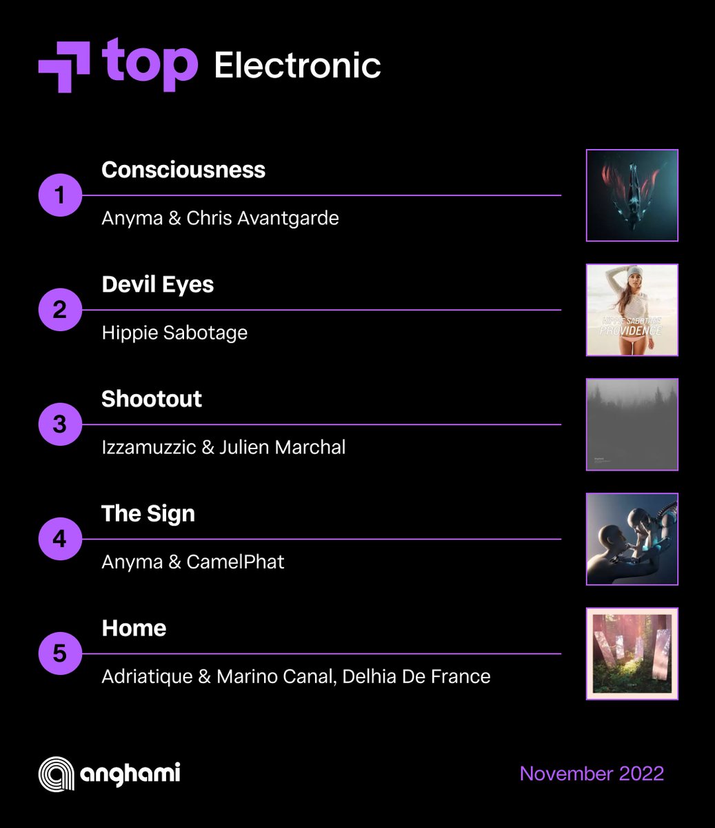 Each genre has its unique vibe 🔥⁠ Discover #November's top charts on #Anghami @anyma_eva @chrisavantgarde @HippieSabotage @izzamuzzic @julienmarchal @CamelPhat @adriatiquemusic @marinocanal @delhiadefrance