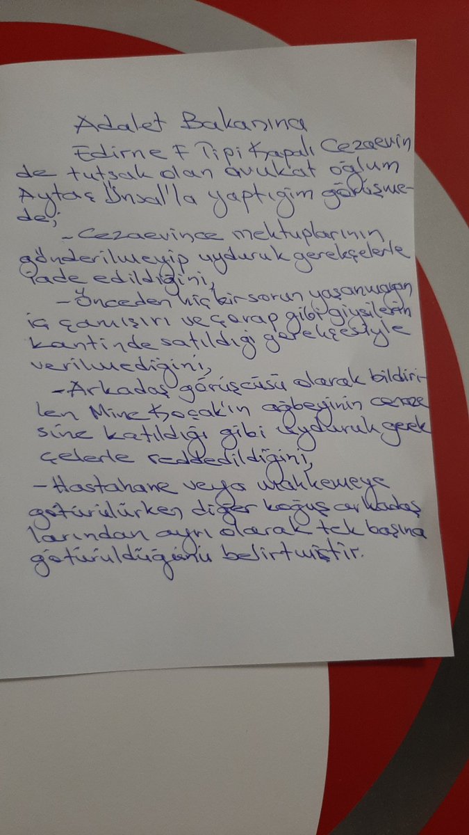 Edirne F Tipi Hapishanesinde tutsak Avukat oğlum Aytaç Ünsal'la yaptığım görüşmede aşağıdaki metinde belirtilen hususları iletmiştir.
 Beş yıldır tutsak olan birine ne değiştiki bu zulüm uygulanıyor.
#ADALETBAKANI