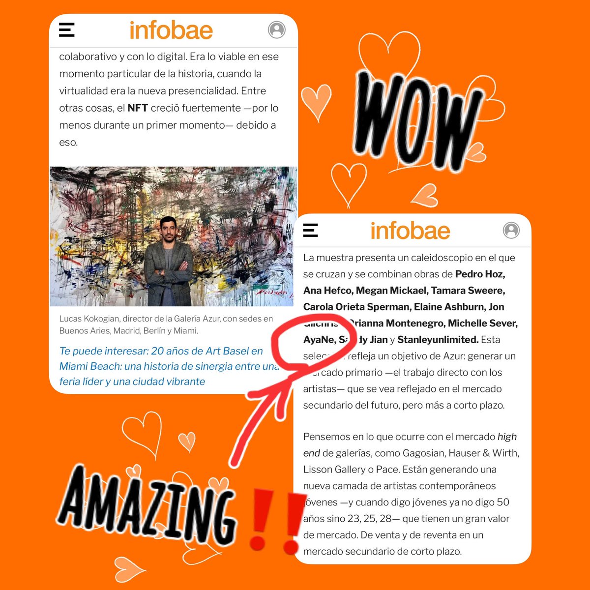 ayatsukaya's tweet photo. Infobae, the N1 digital newspaper in Argentina and Latin America, interviewed gallery director Lucas Kokogian. Thankfully, my name was introduced as well‼️It's an honor to have my name published in an overseas newspaper✨thank you very much‼️ #infobase #GALERIAAZURMIAMI #japanart https://t.co/ypR2jfsyj3