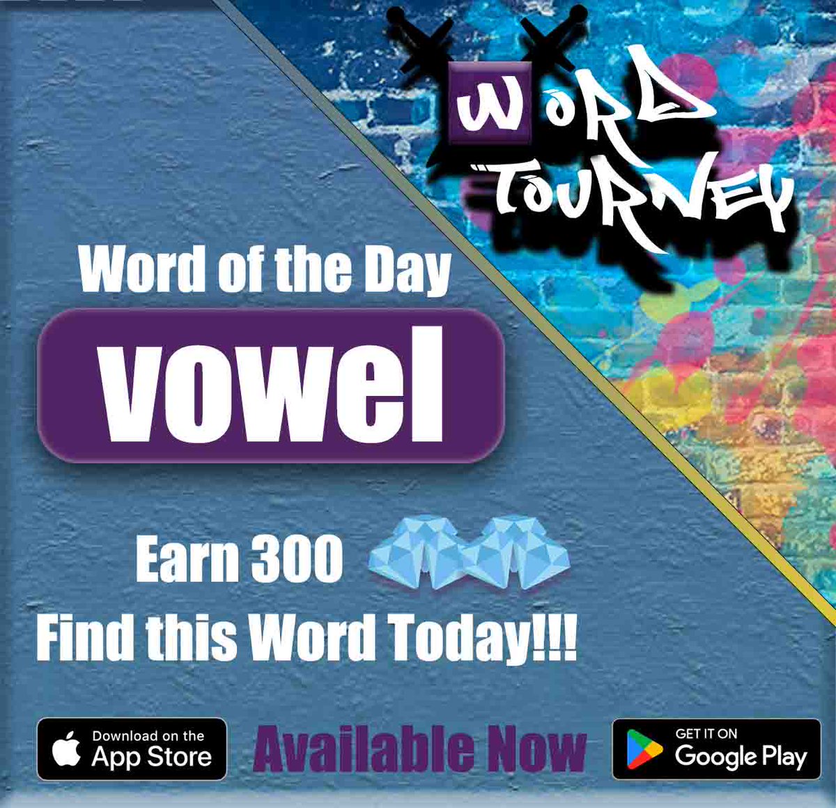 WordTourney's tweet photo. You may find 100 words today but will “vowel” be one of them. Find it and earn 300 diamonds 💎💎💎

Available Now 
App Store: https://t.co/QHmpDg0Slq
Google Play: https://t.co/3CiKgi7cST

#WordOfTheDay #WordTourney #puzzle #tourney #wordgames #wordpuzzle #tournament #puzzlegames https://t.co/SZvQ92RODT